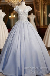 Light Blue Cap Sleeves Lace Top Ball Gown Sweet 16 Gown, Light Blue Semi Formal Prom Dress Formal Dress